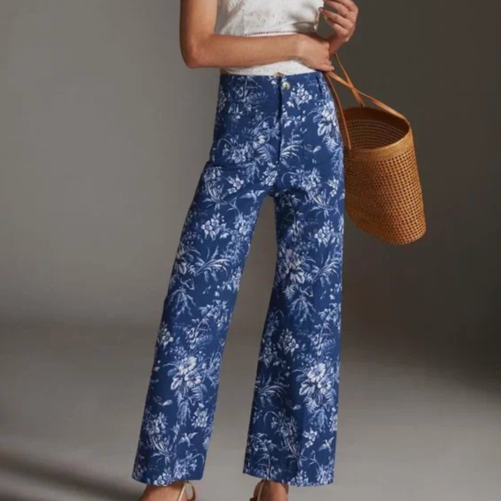 Anthropologie Blue Floral Cropped Wide-Leg Pants